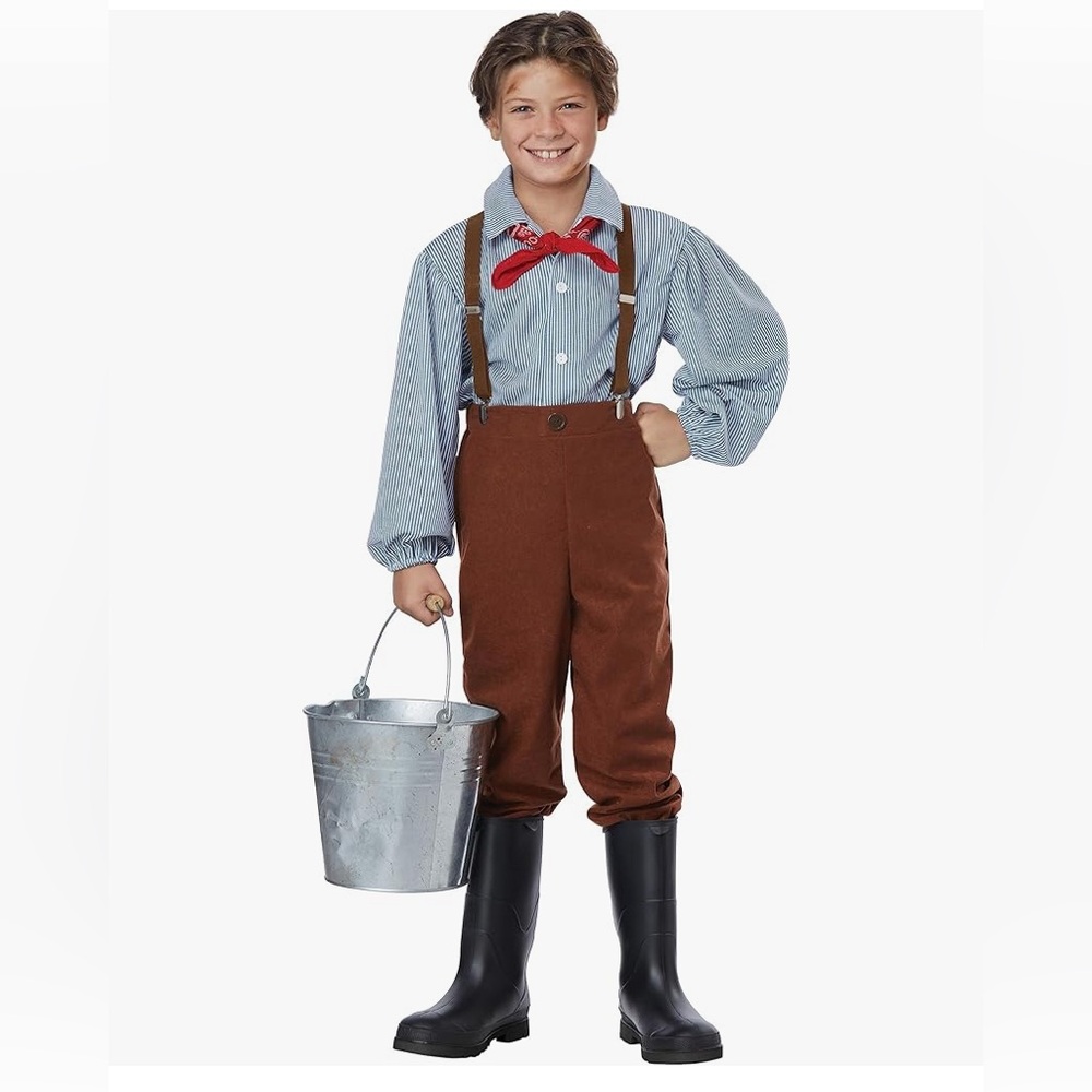 Boy's Rustic Farmhand Costume in Brown and Blue with Red Scarf